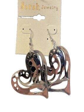 Sarah Jewelry Silver Tone Heart Cut-Out Dangle Earrings Modernist Swirl Pierced